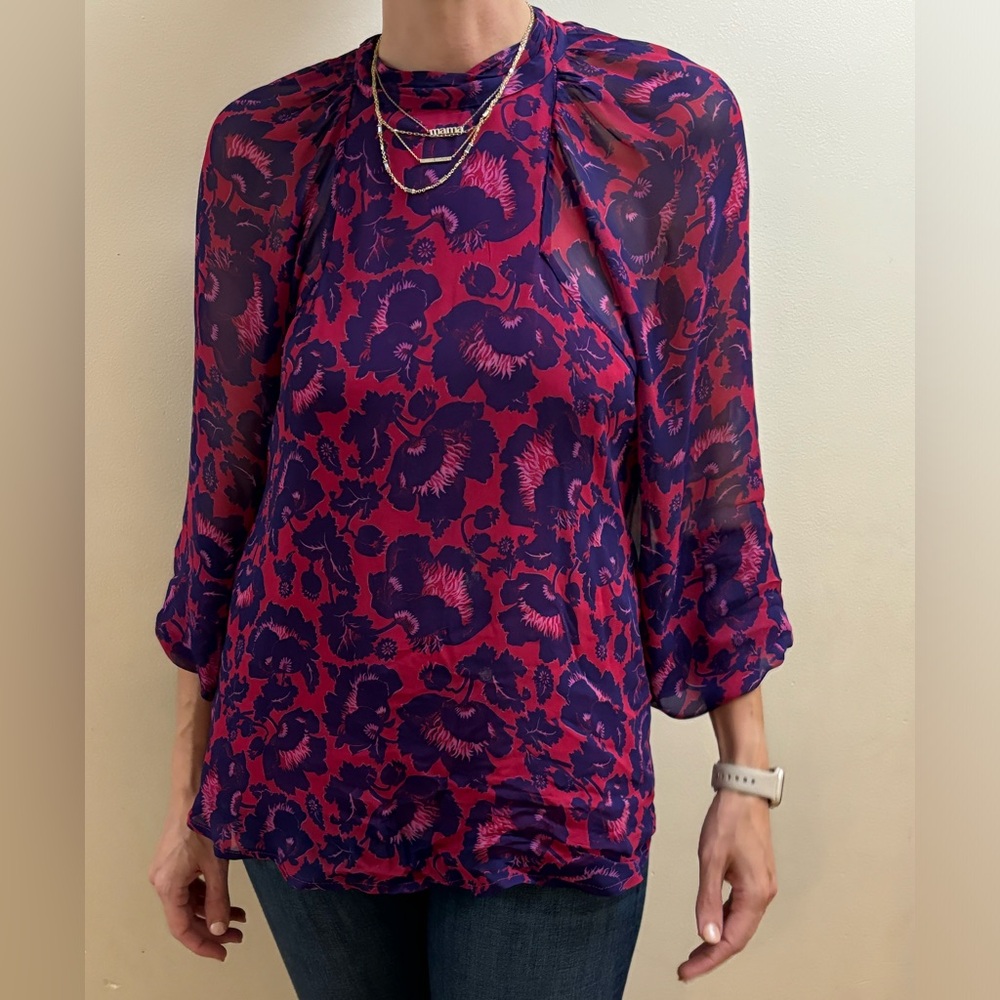 Purple and Pink Floral Keyhole Back Maeve Blouse from Anthropology